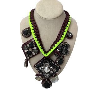 J Crew Women's Neon Green Burgundy Chunky Crystal Statement Necklace Goth A1-3